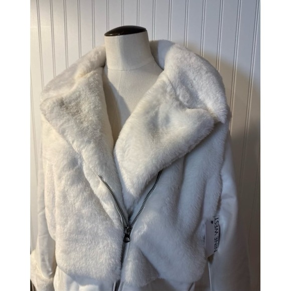 NINE WEST White Faux-Fur Faux Leather Moto Jacket - Picture 2 of 8